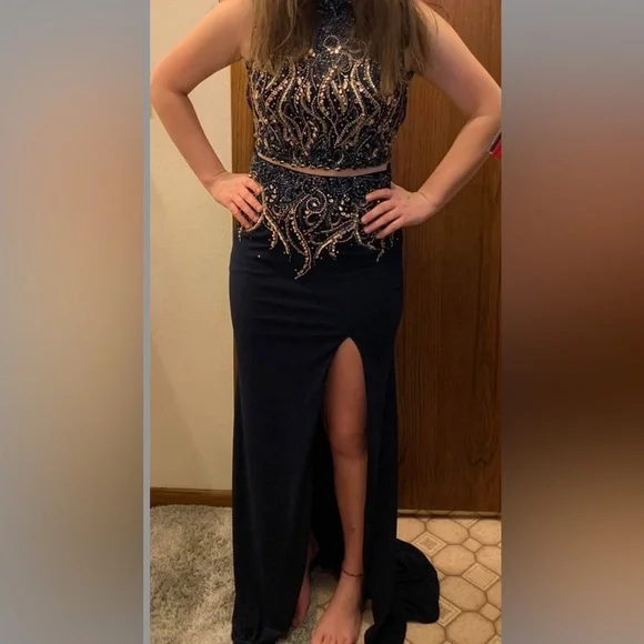 Dresses | Blue Gold Prom Dress | Poshmark